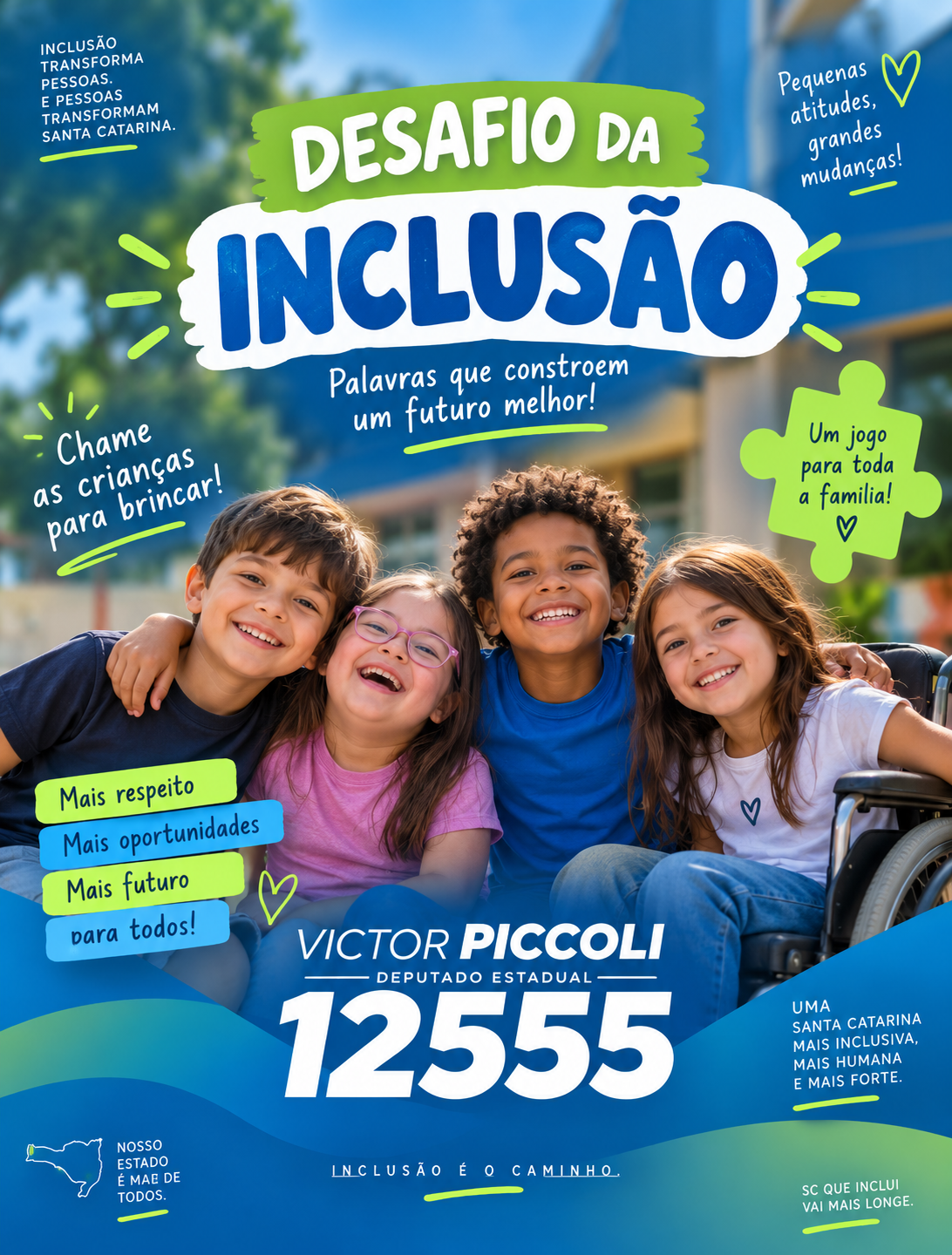 Arte da campanha Desafio da Inclusão com quatro crianças juntas, incluindo uma criança cadeirante