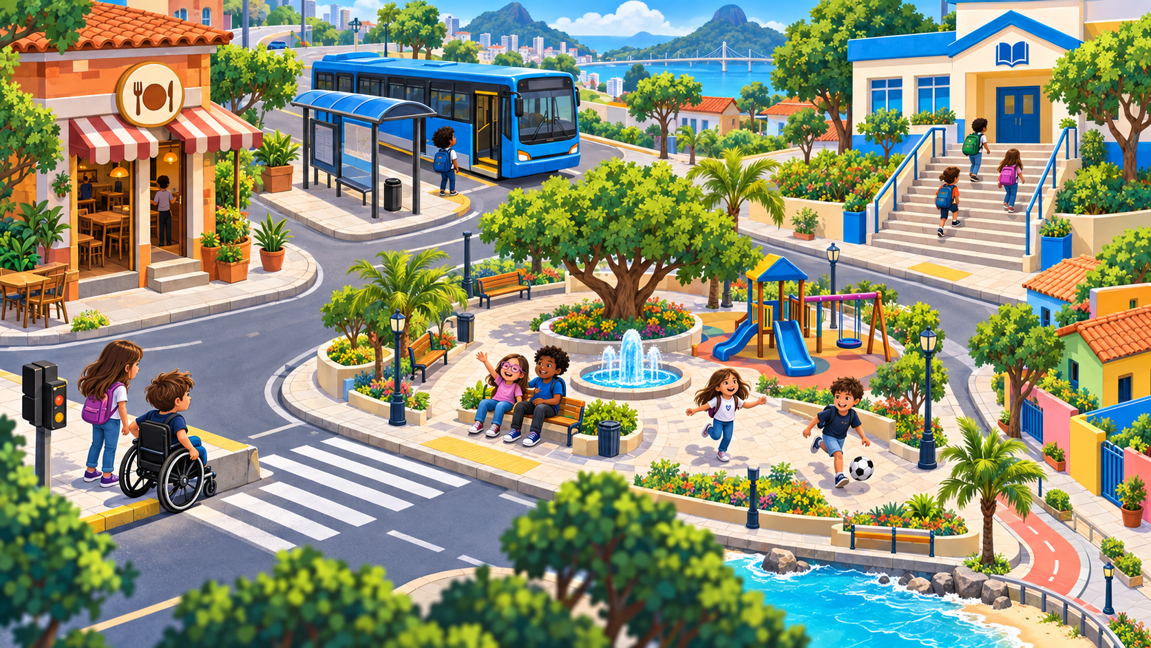 Mapa ilustrado de uma cidade com crianças, praça, escola, restaurante, ônibus e uma criança cadeirante diante de uma calçada sem rampa